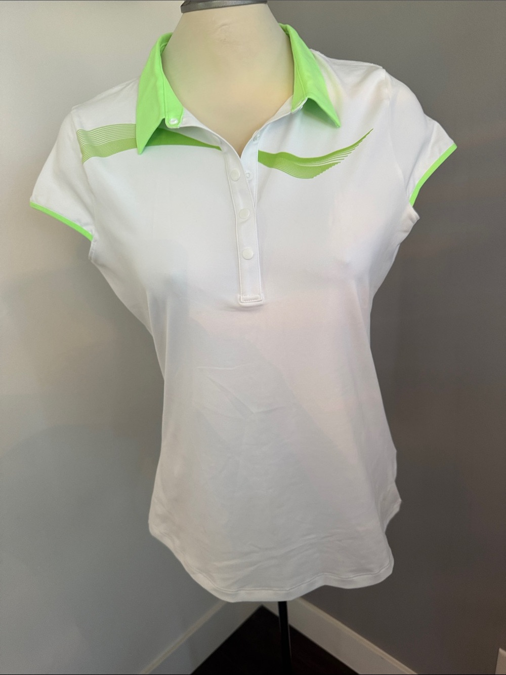 Women's White Polo Button-Down Shirt with Neon Green Trim